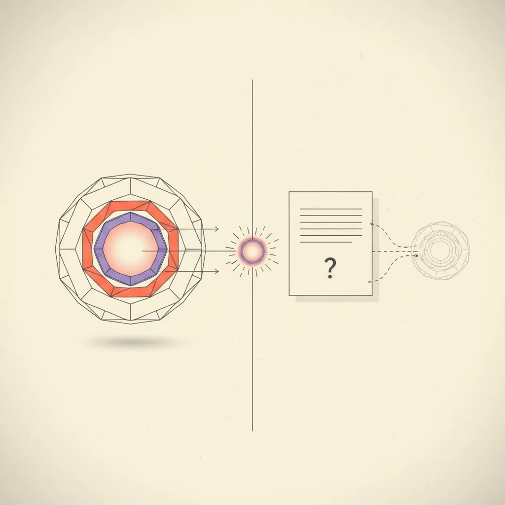 Editorial illustration: a six-ring layered diagram being inserted into a glowing portal alongside a blank document, showing structured voice brief versus empty corpus, on cream paper with purple accents.