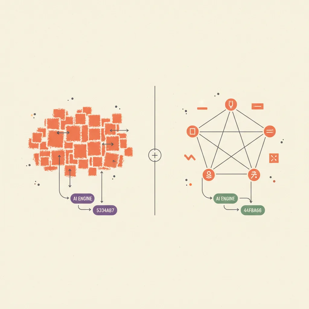 Side by side diagram showing a fuzzy uploaded text blob feeding an AI engine on the left, and a six-pointed structured voice brief feeding the same engine on the right.