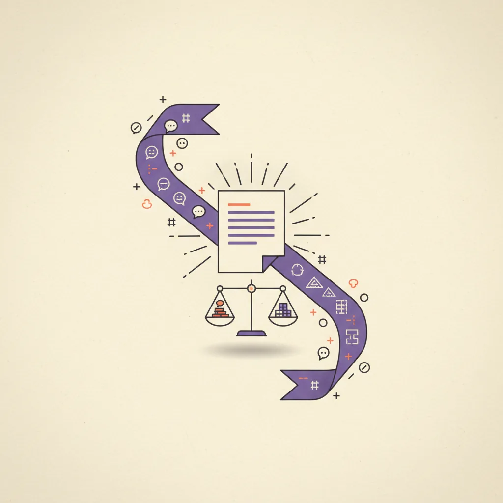 Editorial illustration: two distinct streams of research — one labeled archetypes, one labeled architectural blueprints — converging into a single document on warm cream paper with charcoal line work and brand purple accents.
