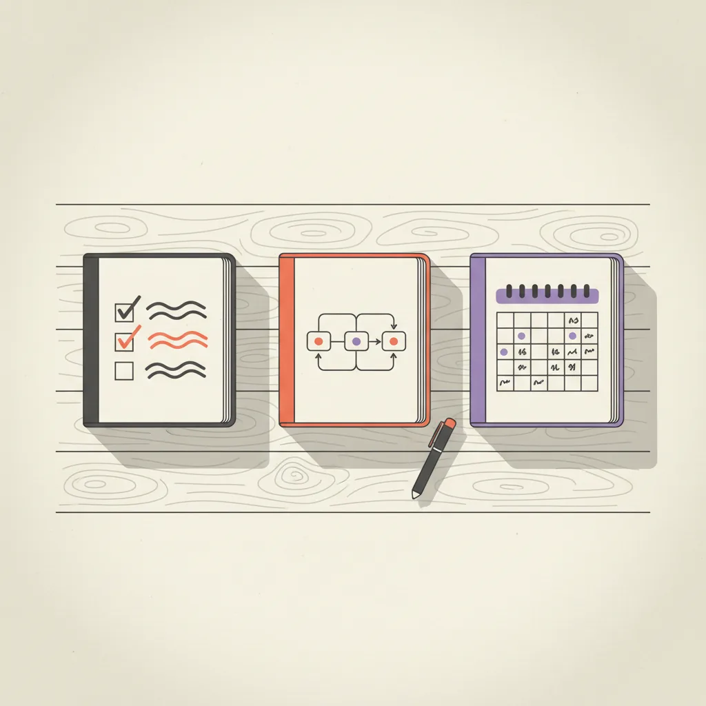 Editorial illustration: a desk with three open notebooks, one labeled with a checklist, one with a flowchart, one with a calendar — representing audit, architecture, and ongoing decisions.