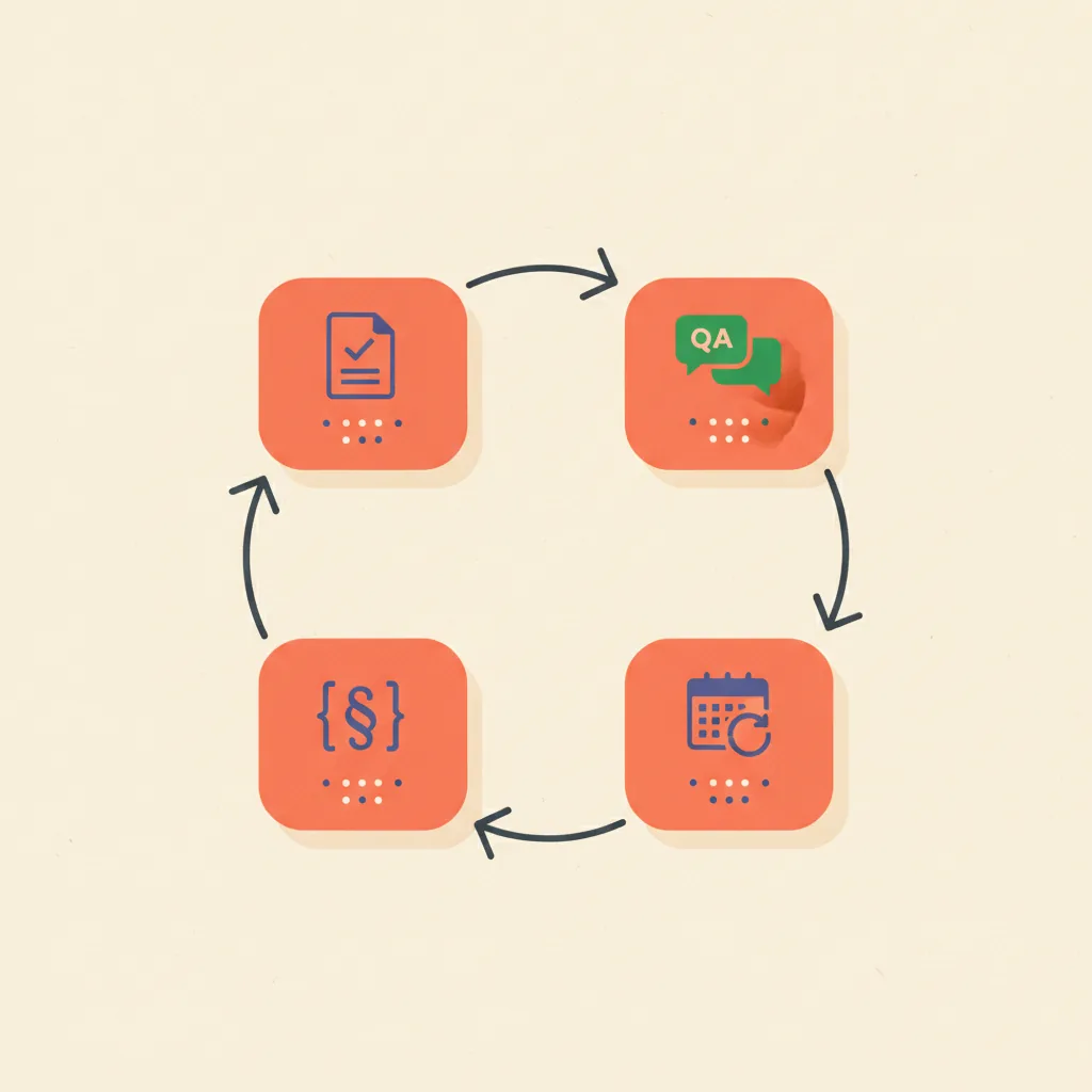Four-step AEO implementation workflow: schema audit, PAA FAQ alignment, freshness pass, citable cluster audit, arranged as a cycle.