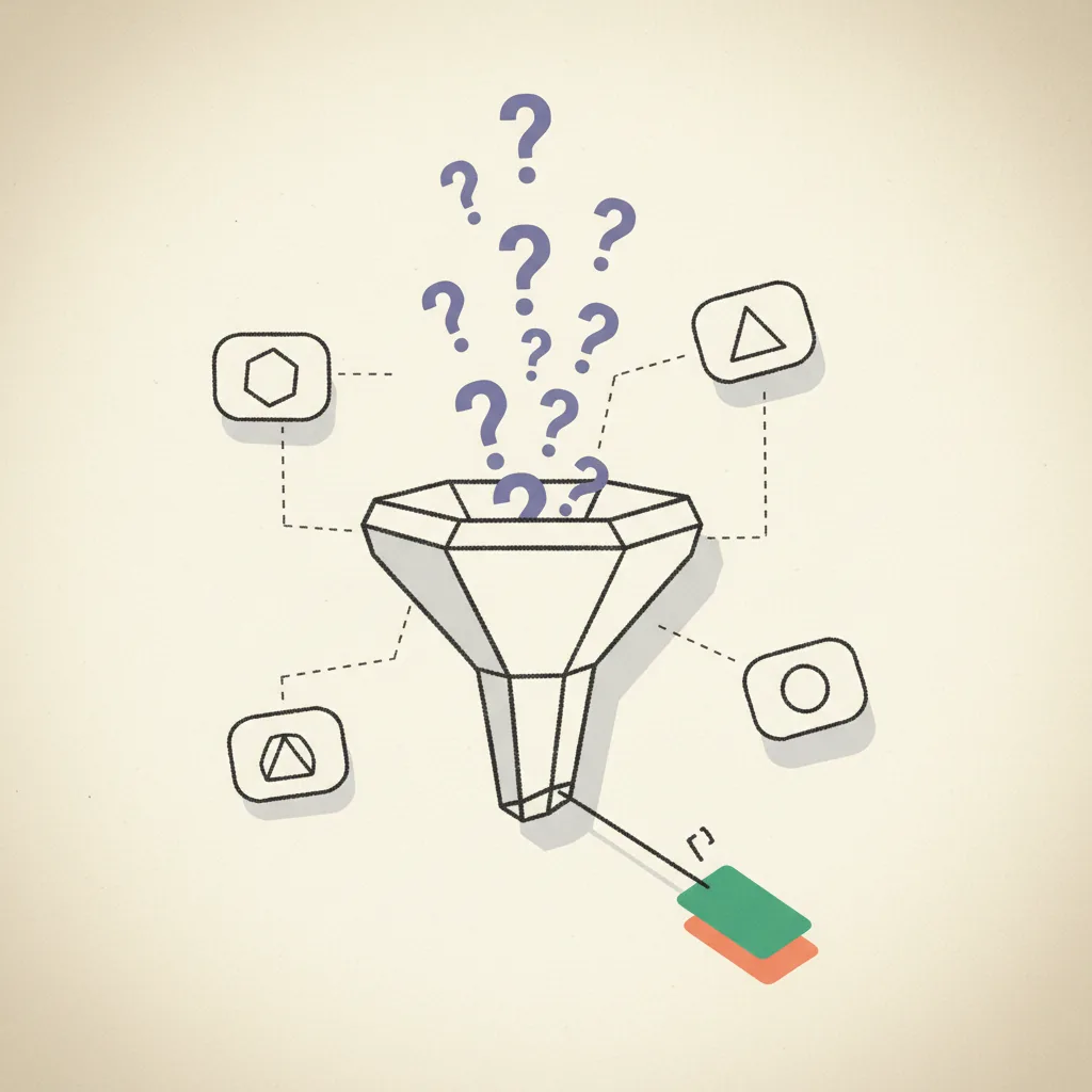 Editorial illustration: an answer engine depicted as a crystalline funnel receiving scattered questions from above and outputting a single sharp beam of cited text below, on cream paper.