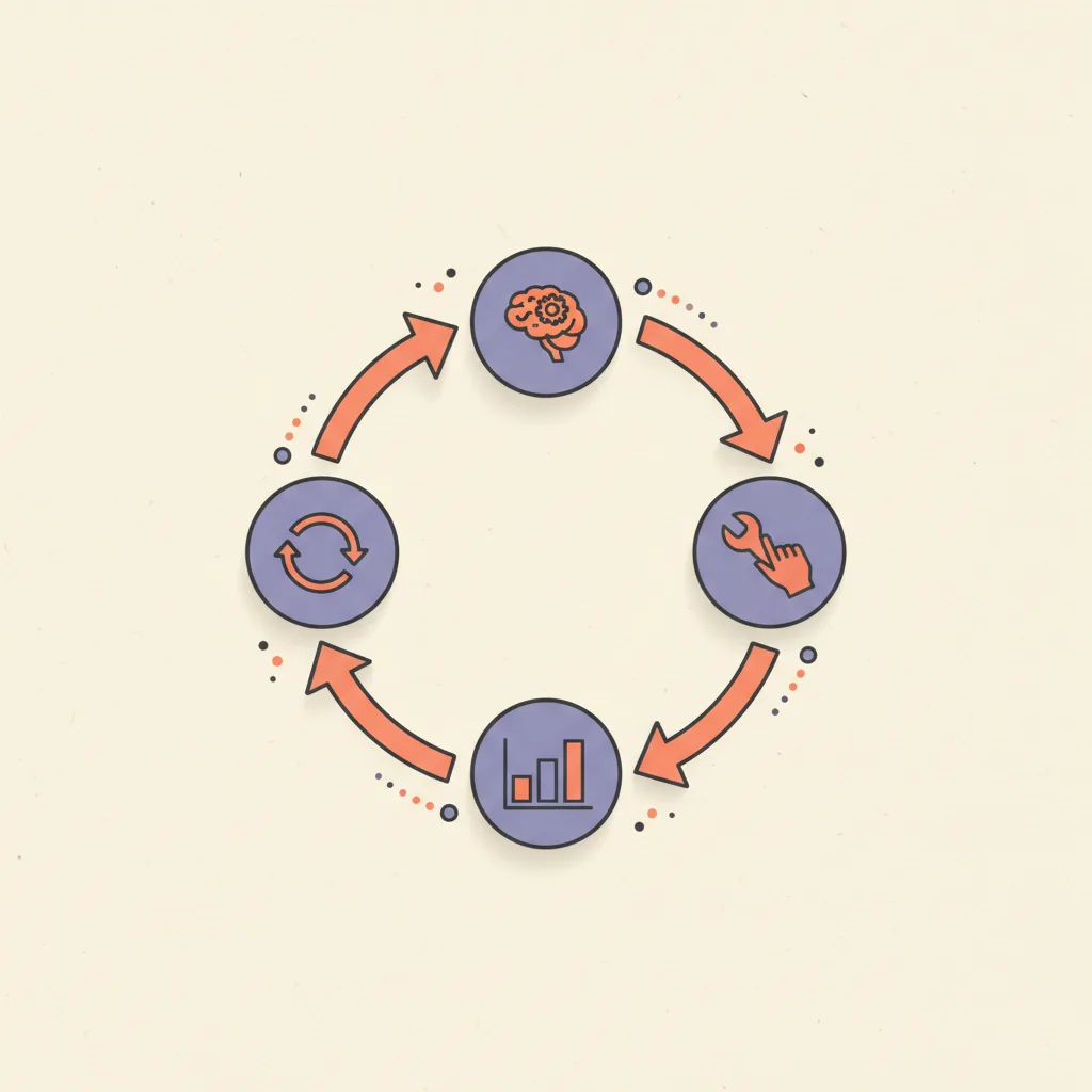 Editorial illustration of an agent loop: a brain-shape thinking, a hand reaching to a tool, a small chart showing a result, and an arrow returning to the brain.