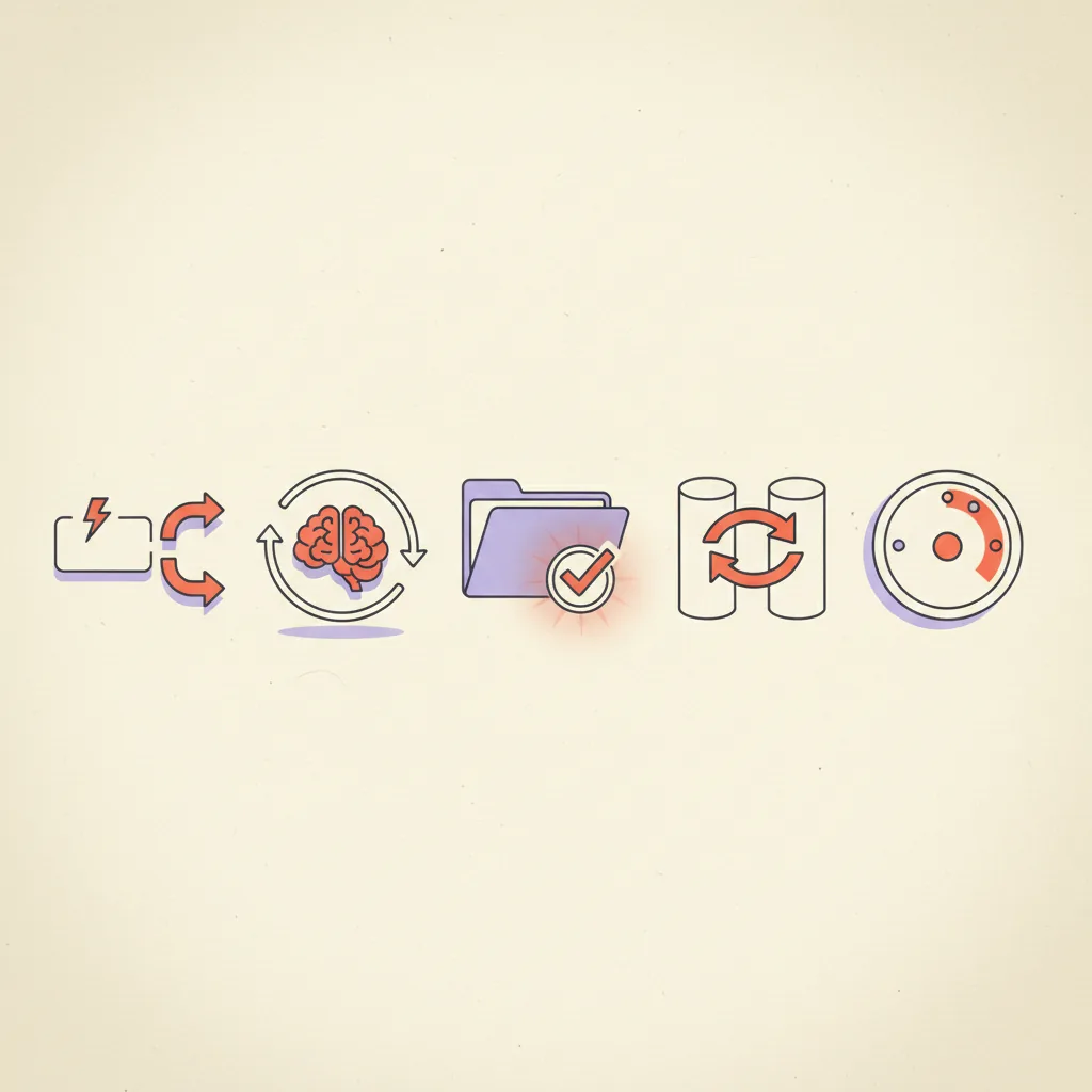 Editorial illustration of five interlocking workflow patterns: a webhook arrow, an AI brain icon, a human approval gate, a sync arrow loop, and a platform selector dial.