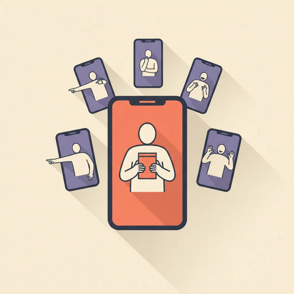 Editorial illustration: a vertical phone-shaped frame surrounded by smaller phone frames, each with an abstract avatar silhouette mid-pose, charcoal and orange-coral palette on cream paper.