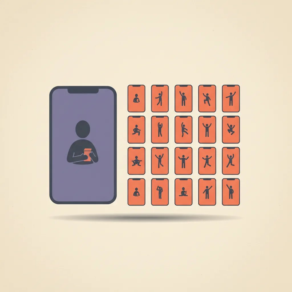Editorial illustration: one large central frame containing a single silhouette, surrounded by a dense grid of smaller frames each with an avatar silhouette, representing the 20-percent human and 80-percent AI volume mix.