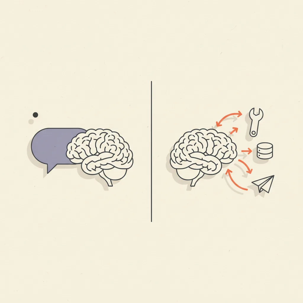 Editorial illustration: two side-by-side panels. Left panel is a single dialogue bubble next to a stick-figure brain. Right panel is the same brain with three connecting arrows reaching to a wrench, a database stack, and an envelope.