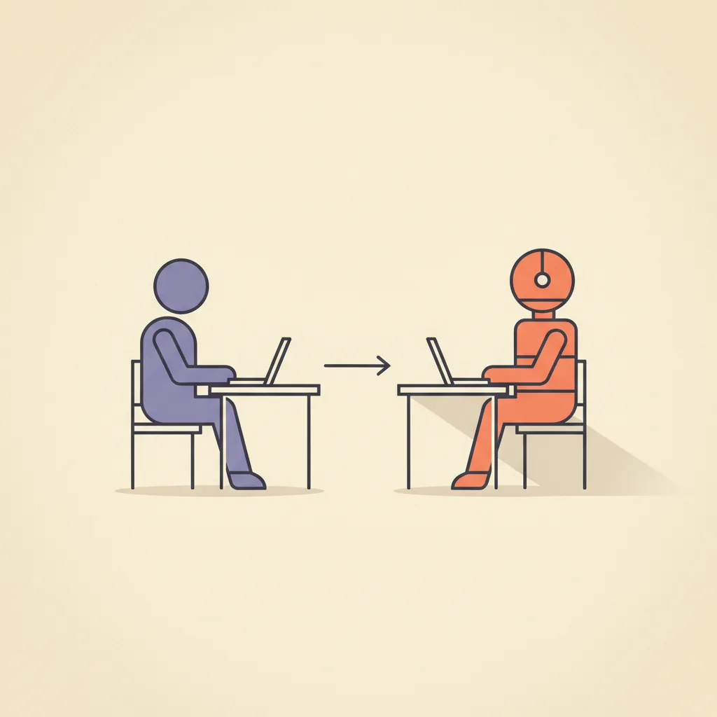 Editorial illustration: an outlined humanoid silhouette at a desk being mirrored by a softer geometric figure made of stacked rectangles, charcoal line work on cream paper with brand orange-coral accents, suggesting a human SDR being doubled by an AI counterpart.