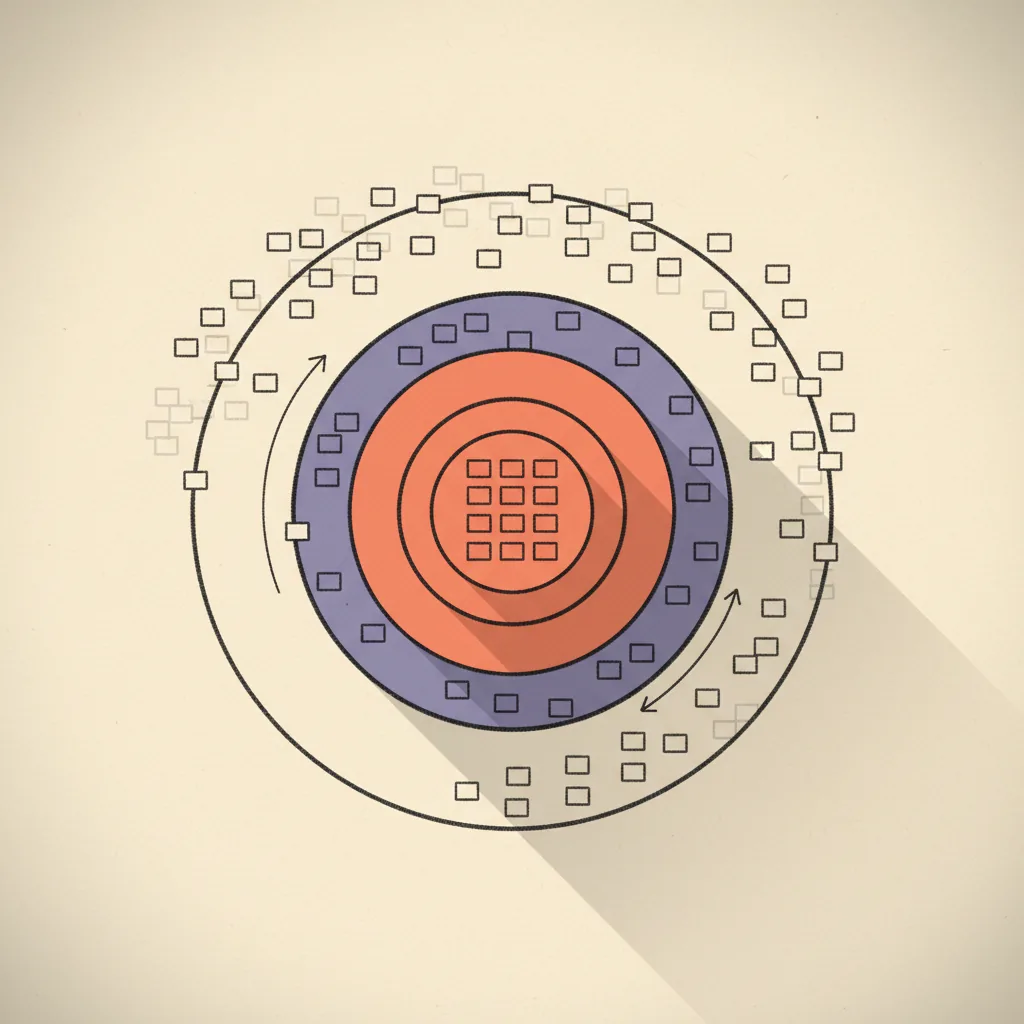 Illustration of three concentric rings labeled by data confidence — the inner ring of strong rows is indexed and linked from the hub, the middle ring of medium rows sits in the database but noindexed, the outer ring of thin rows is excluded entirely.