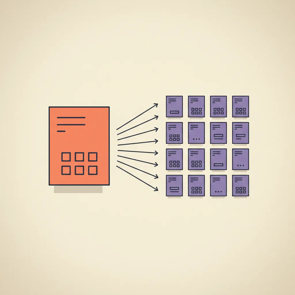 Editorial illustration of a single template page on the left fanning out into a wide grid of identical-but-varied page tiles on the right, charcoal line work on cream paper with brand orange-coral and muted purple accents.