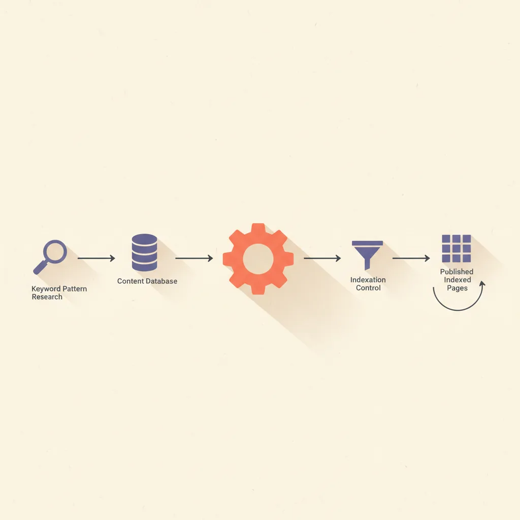 Diagram of the programmatic SEO pipeline: keyword pattern feeds into content database, which joins with a template through a build step, then passes through indexation control before publishing as a sitemap of indexed pages.